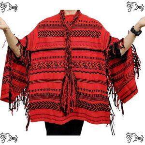 Upcycled Red and Black Sweater Poncho Handknotted Fringe Crocheted Scarf